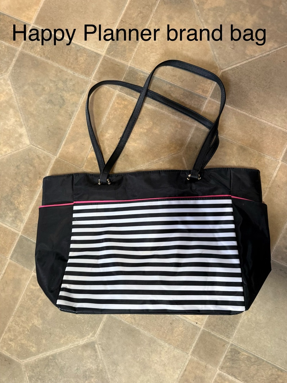Happy Planner Black & White Striped Tote with Pink Trim